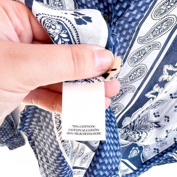 Ann Taylor Blue White Paisley Print Cotton Silk Long Sleeve Top Small - Picture 5 of 8